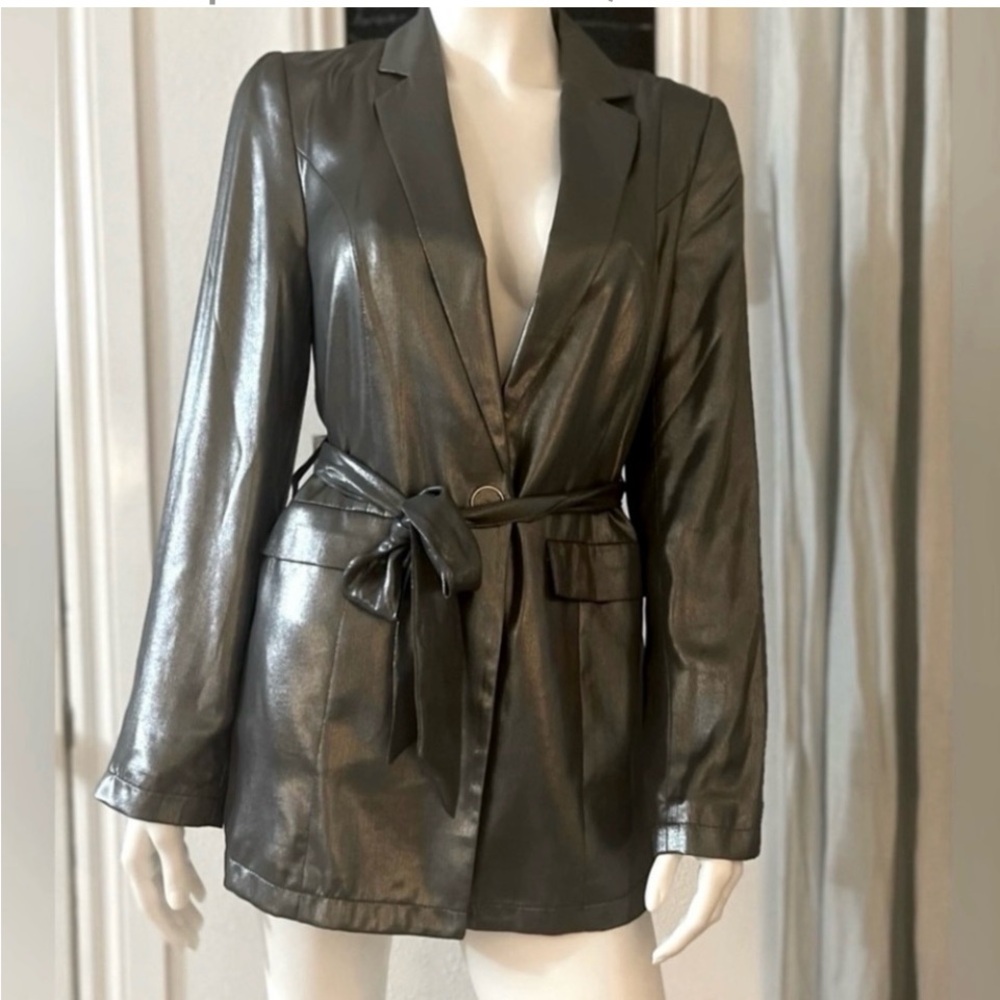 Anthropologie Maeve "Zada" Metallic Grey/Silver Blazer w/Tie